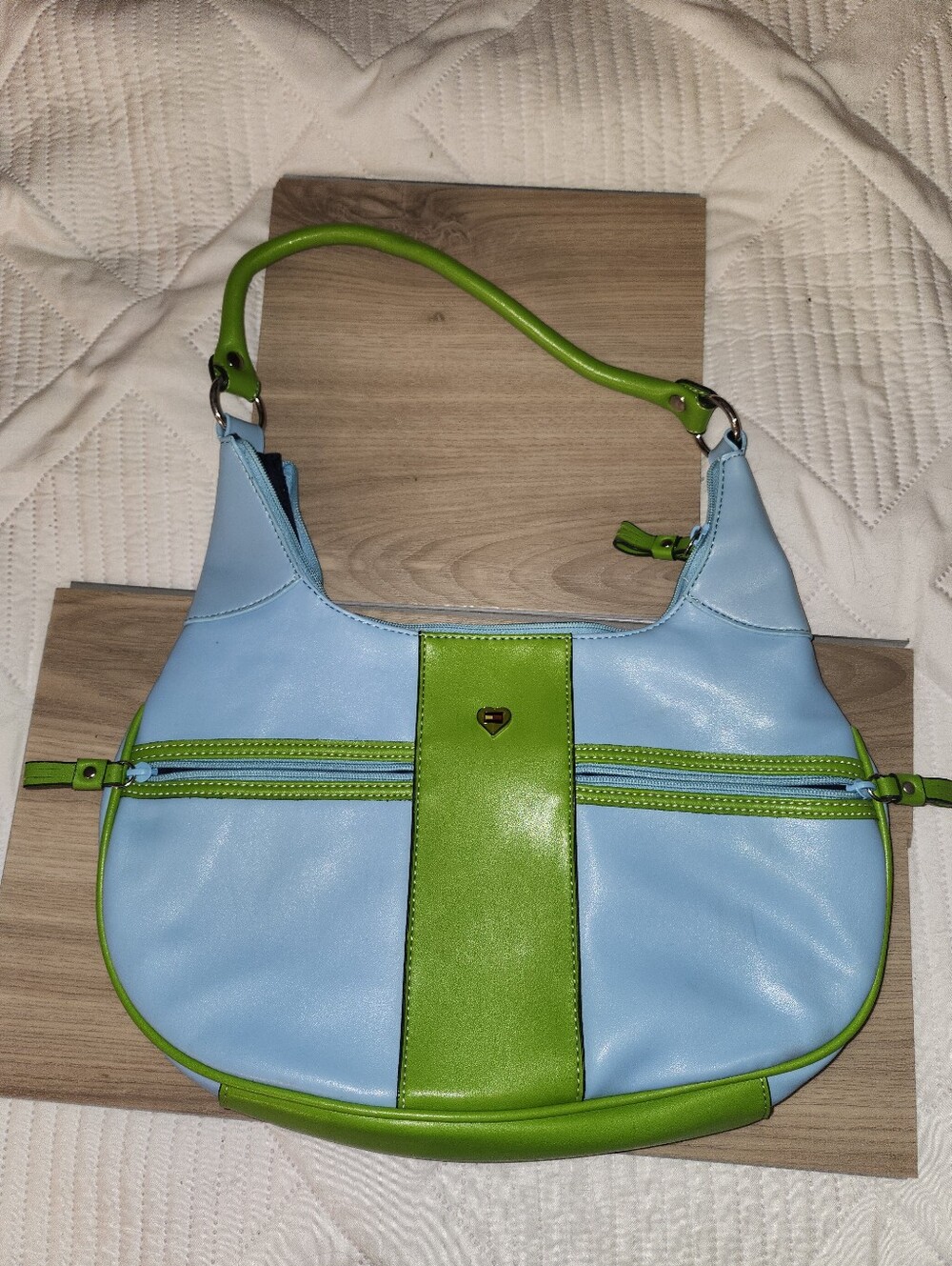 Tommy Hilfiger Blue and Lime Green Shoulder Bag - Y2K Two-Tone Women’s Handbag